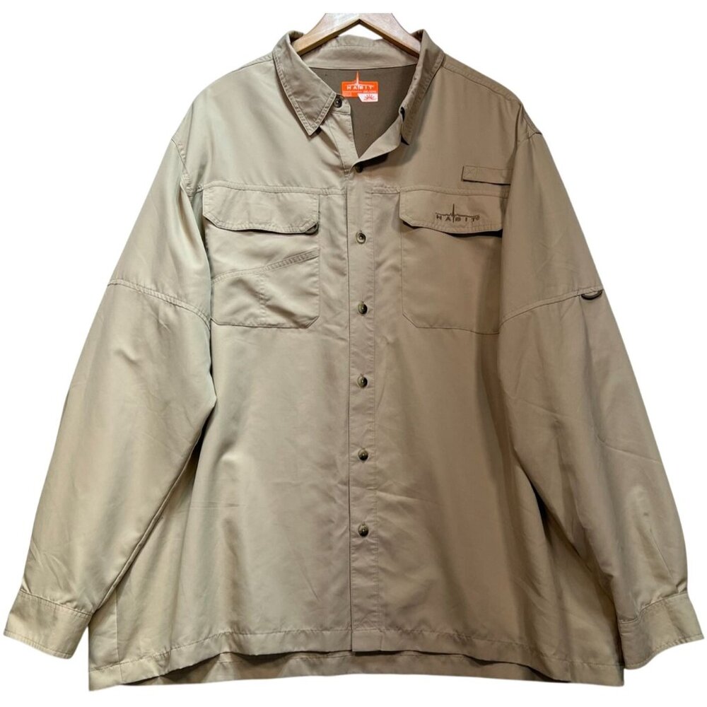 Habit Mens 40+ Solar Factor Button Up Shirt Long Sleeve Size 2XL Oatmeal Pockets